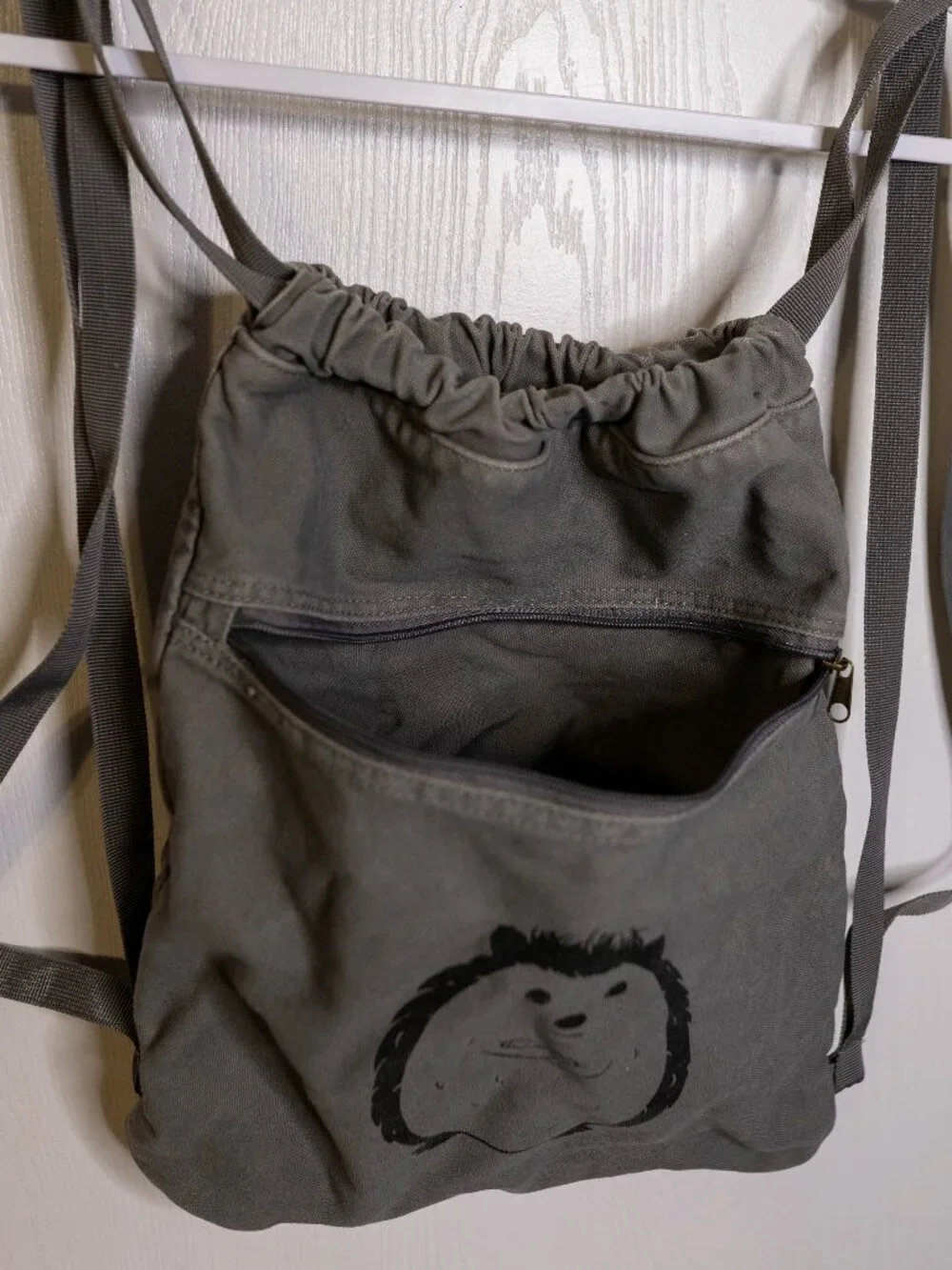 Gray Vintage Wash Displeased Hedgehog Canvas Drawstring Backpack